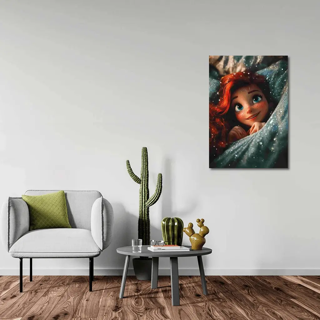 Red Haired Cartoon Girl Glittery Blue Fabric – Wall Art