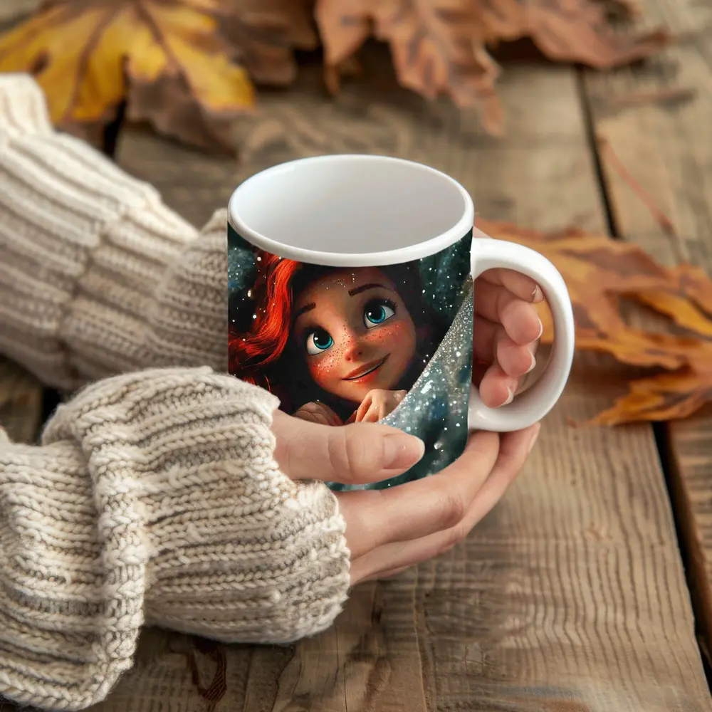 Red Haired Cartoon Girl Glittery Blue Fabric – Mugs