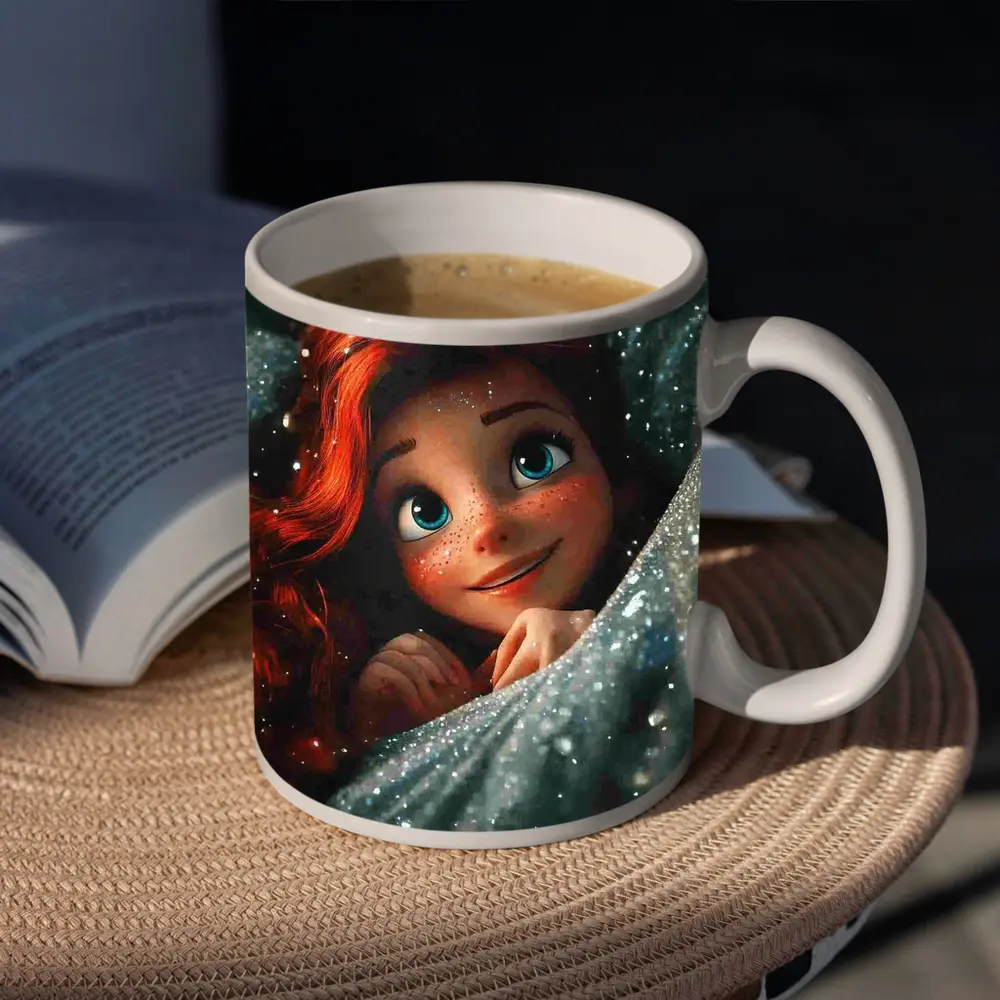 Red Haired Cartoon Girl Glittery Blue Fabric – Mugs
