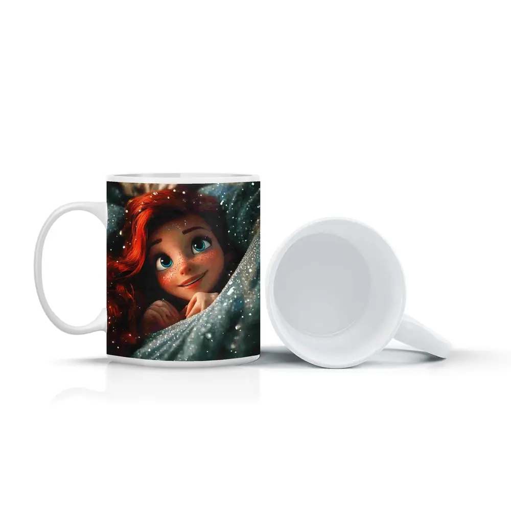 Red Haired Cartoon Girl Glittery Blue Fabric – Mugs
