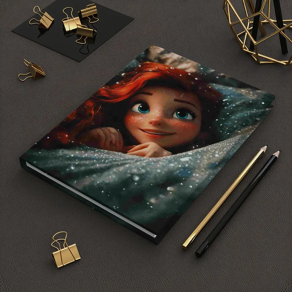 Red Haired Cartoon Girl Glittery Blue Fabric – Notebooks