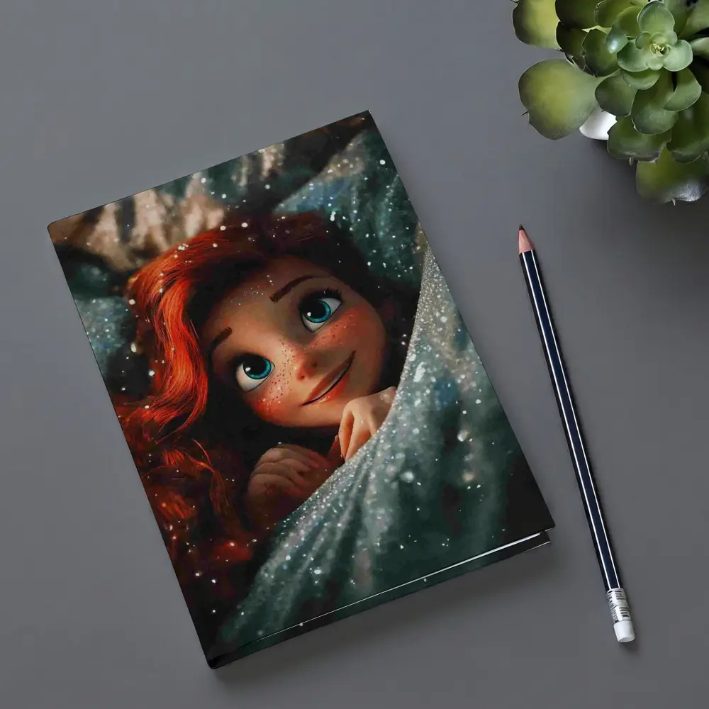 Red Haired Cartoon Girl Glittery Blue Fabric – Notebooks