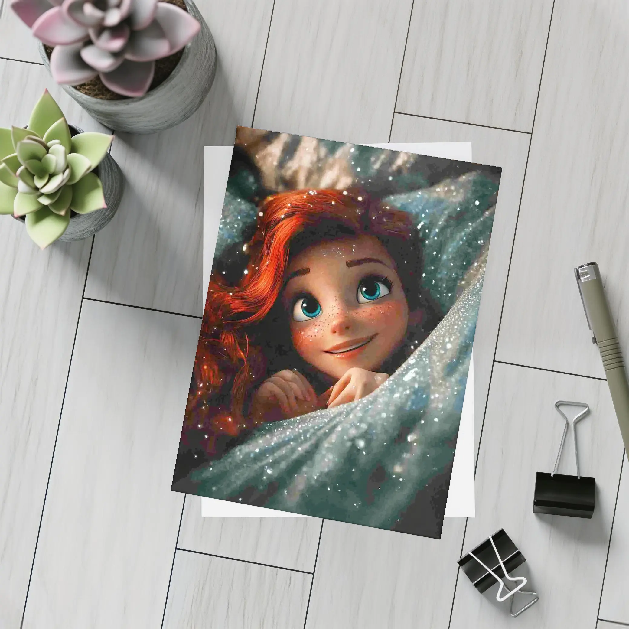 Red Haired Cartoon Girl Glittery Blue Fabric – Postcards