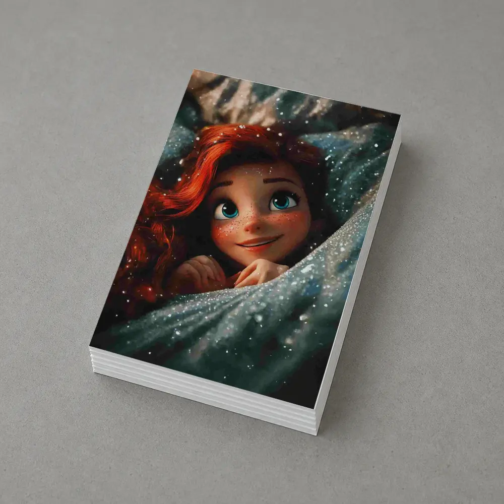 Red Haired Cartoon Girl Glittery Blue Fabric – Postcards
