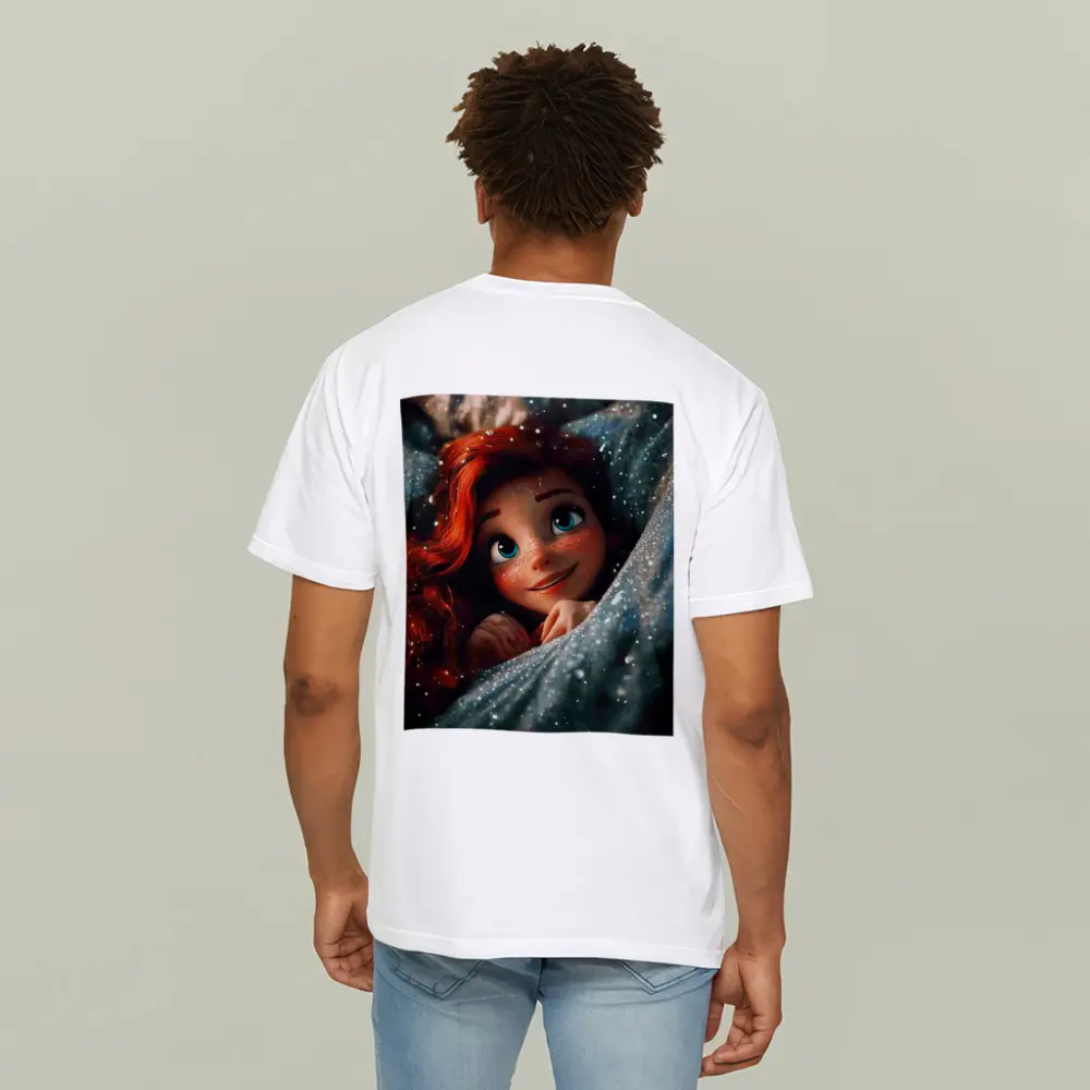 Red Haired Cartoon Girl Glittery Blue Fabric – T-Shirts