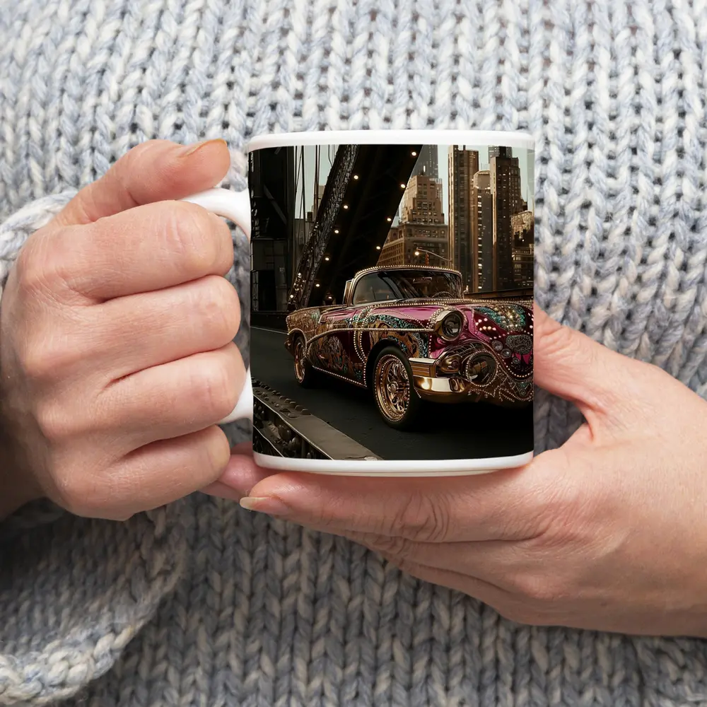 Jeweled Classic Car On City Bridge – Mugs