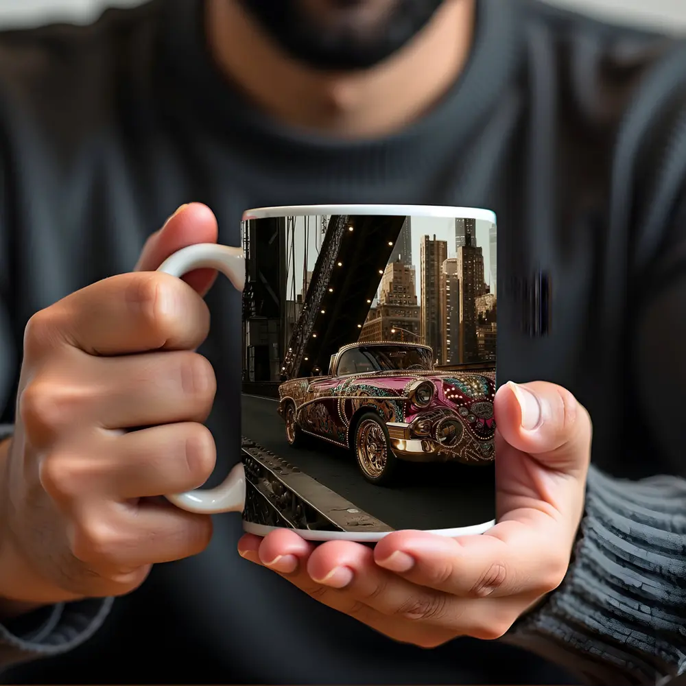 Jeweled Classic Car On City Bridge – Mugs