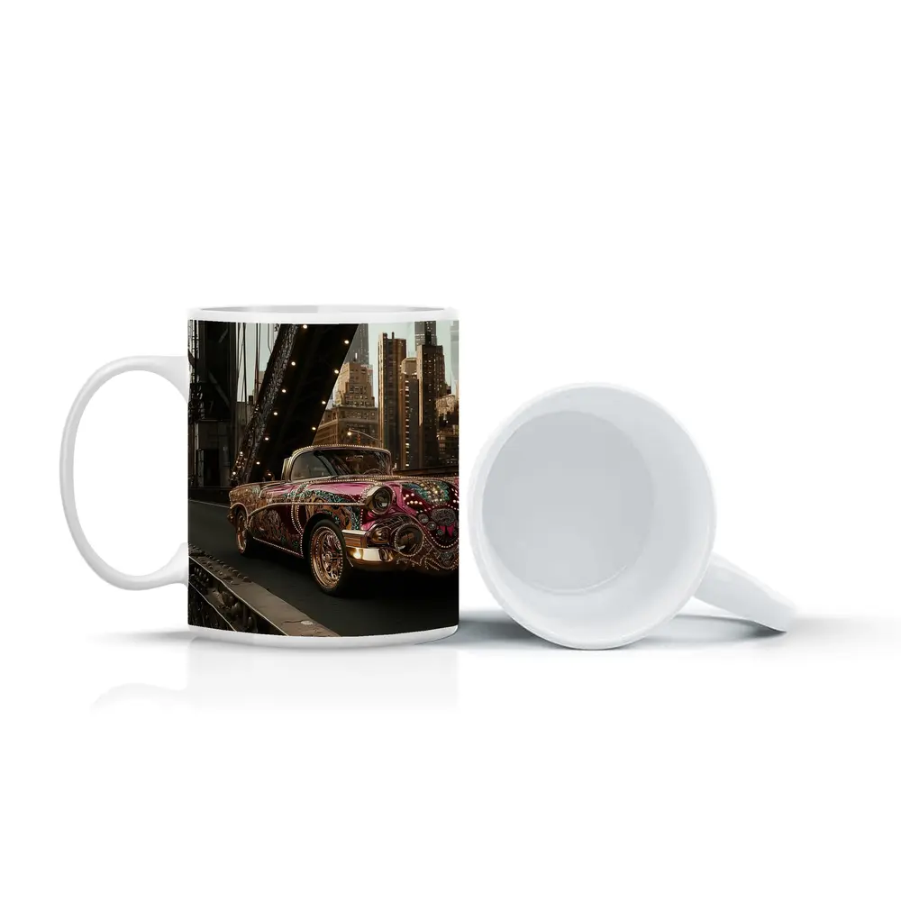 Jeweled Classic Car On City Bridge – Mugs