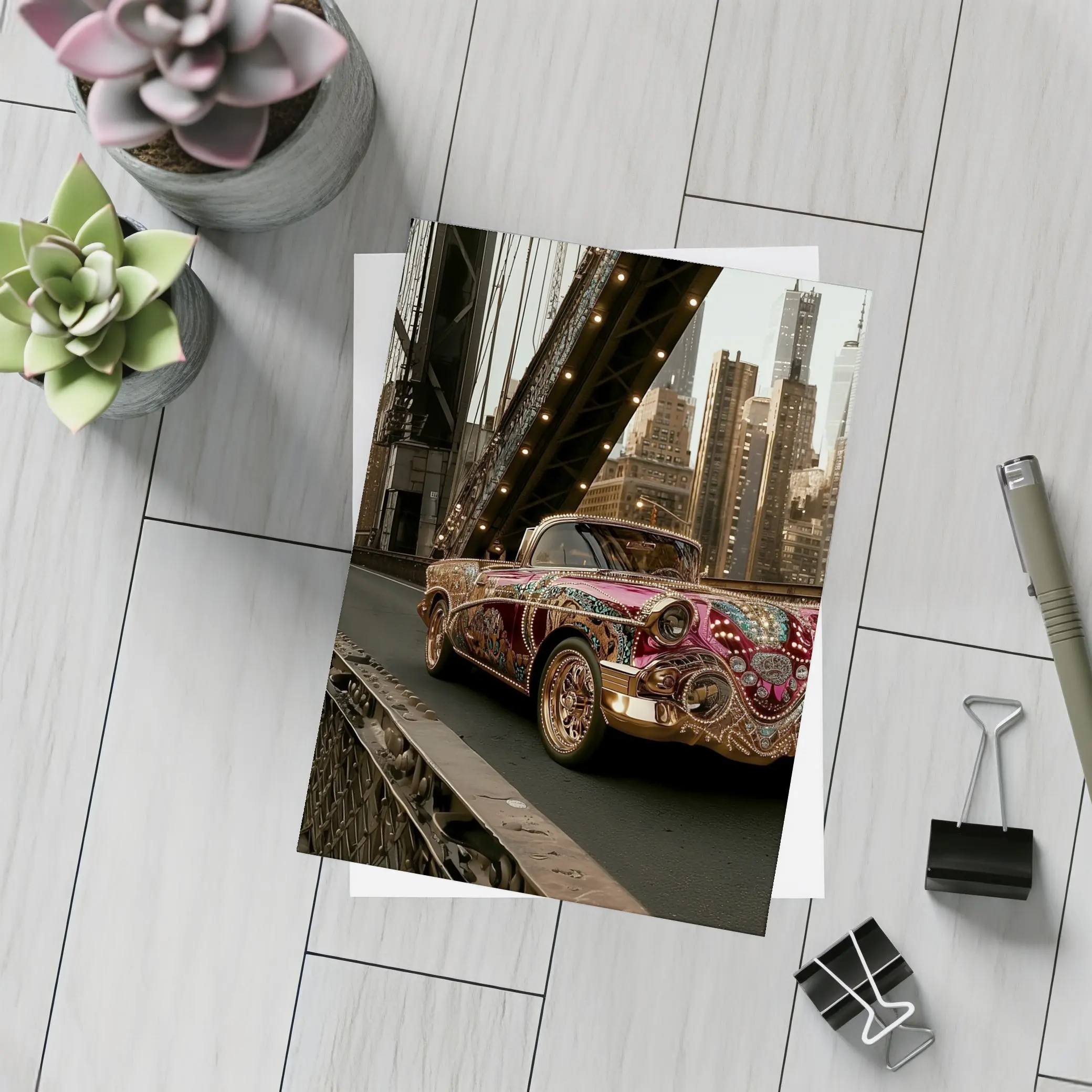 Jeweled Classic Car On City Bridge – Postcards