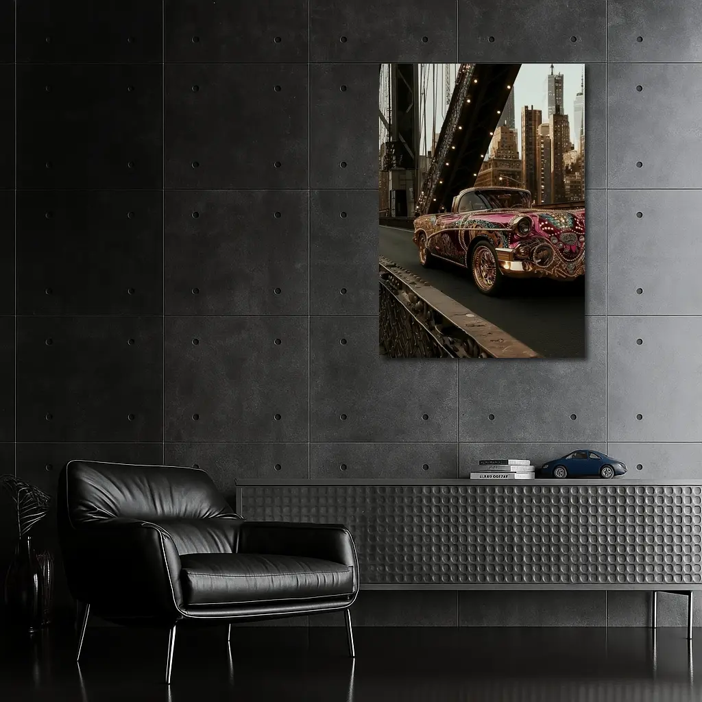 Jeweled Classic Car On City Bridge – Wall Art