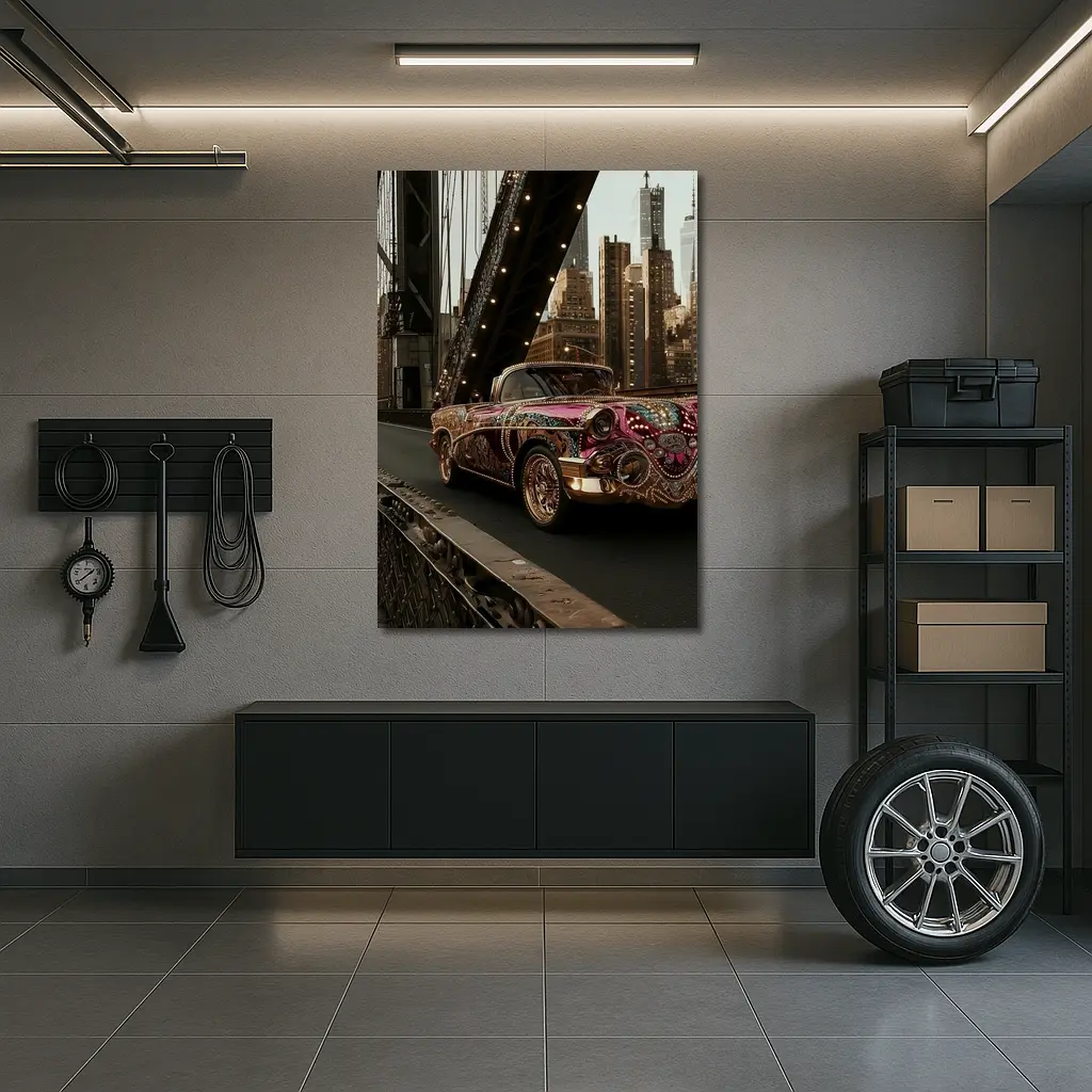 Jeweled Classic Car On City Bridge – Wall Art