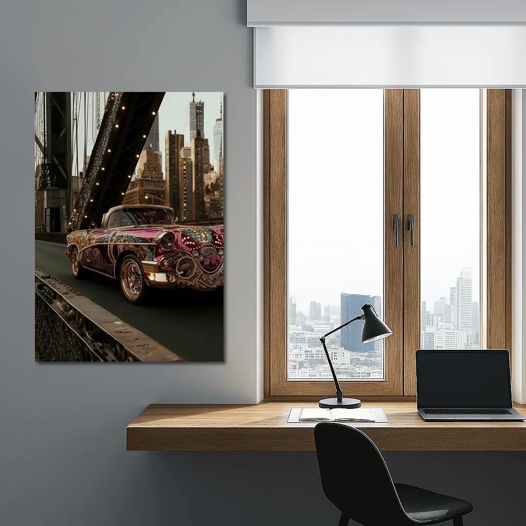 Jeweled Classic Car On City Bridge – Wall Art