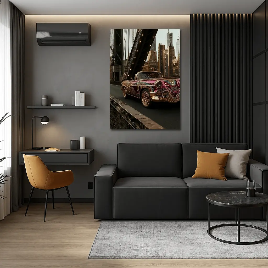 Jeweled Classic Car On City Bridge – Wall Art