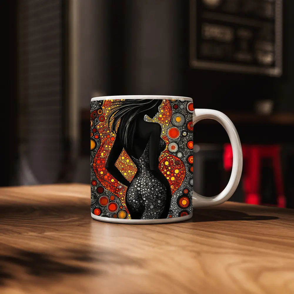 Black Female Silhouette Abstract Circle Pattern Art – Mugs