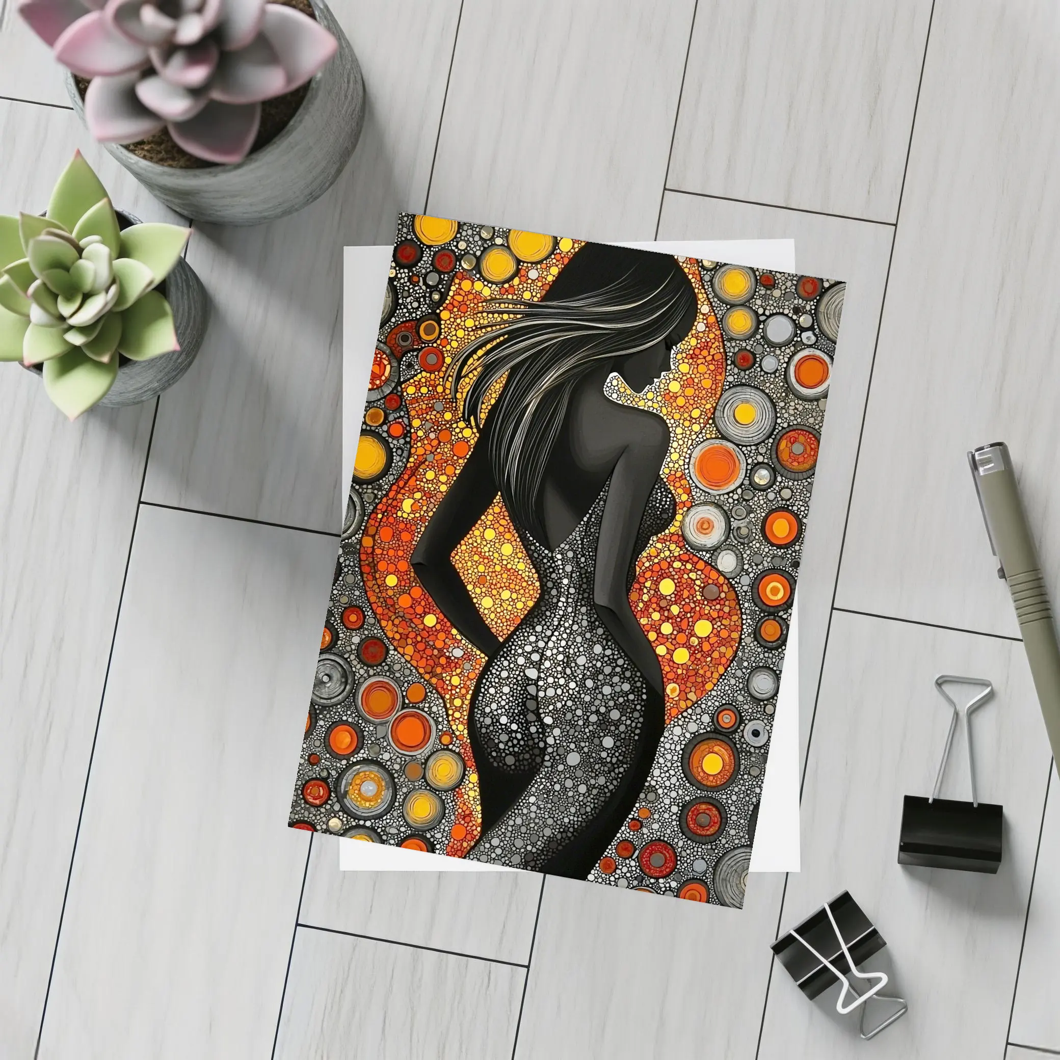 Black Female Silhouette Abstract Circle Pattern Art – Postcards