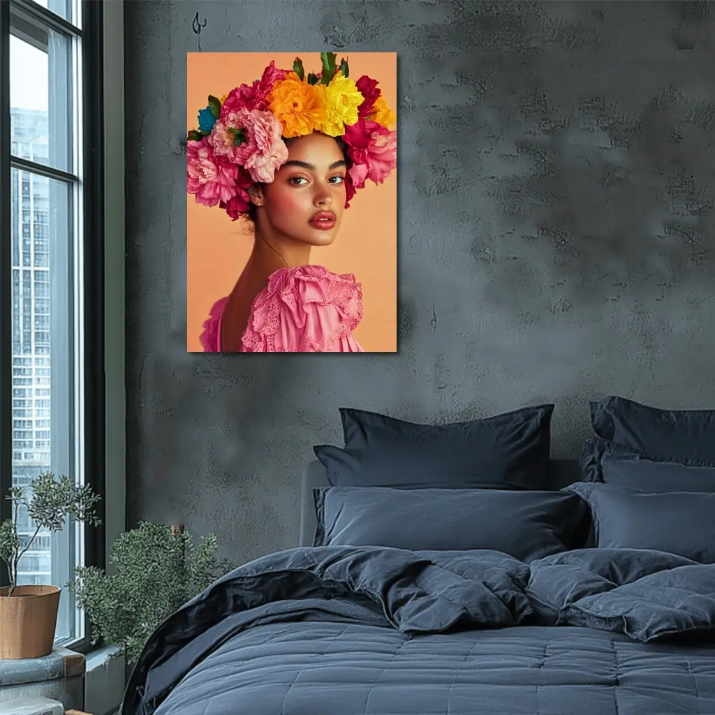 Woman Floral Crown Portrait Peach Background – Wall Art