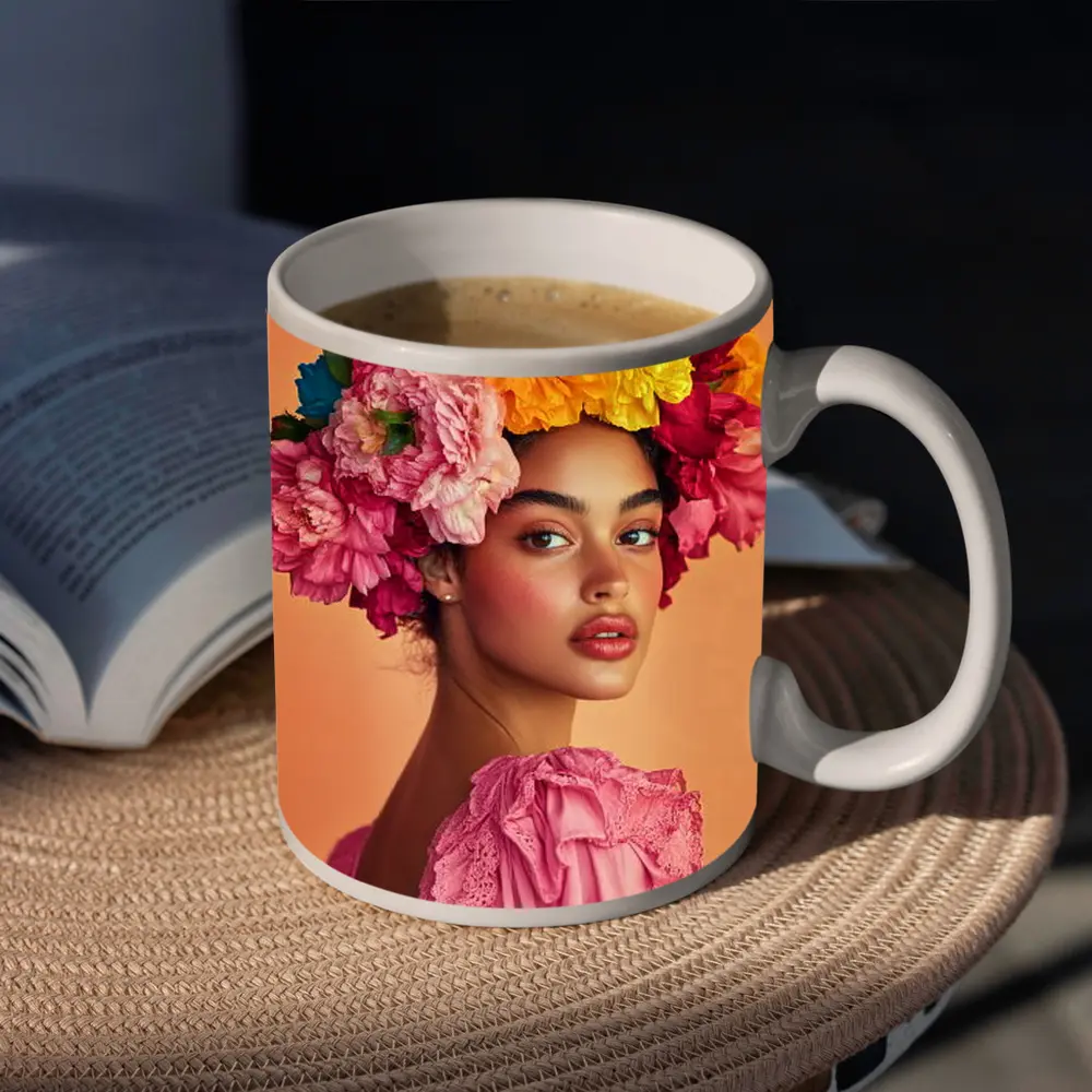 Woman Floral Crown Portrait Peach Background – Mugs