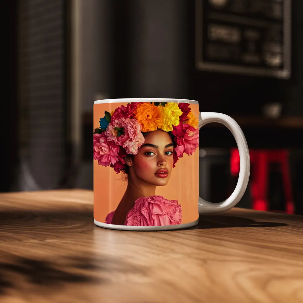 Woman Floral Crown Portrait Peach Background – Mugs