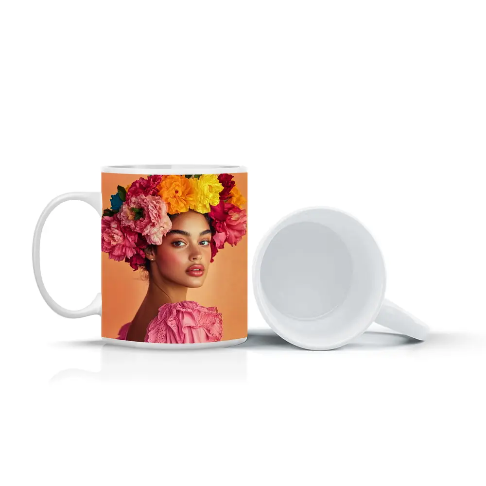 Woman Floral Crown Portrait Peach Background – Mugs