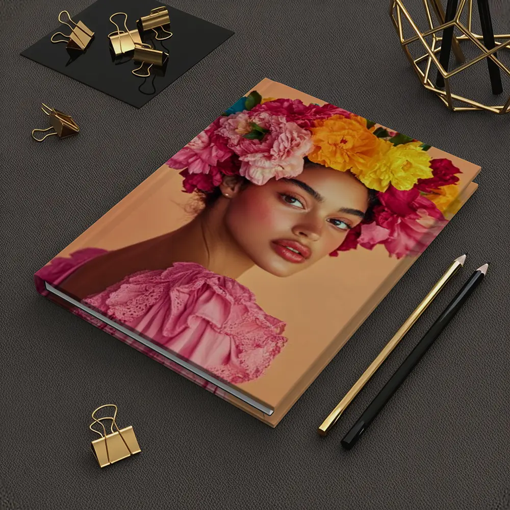 Woman Floral Crown Portrait Peach Background – Notebooks