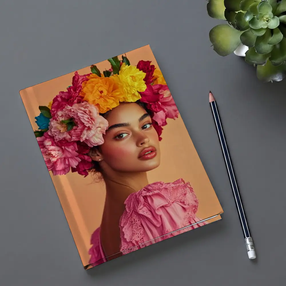 Woman Floral Crown Portrait Peach Background – Notebooks