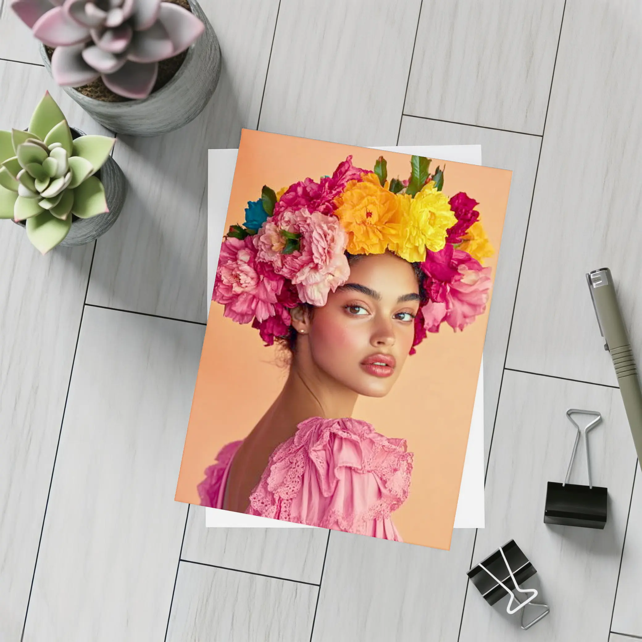 Woman Floral Crown Portrait Peach Background – Postcards