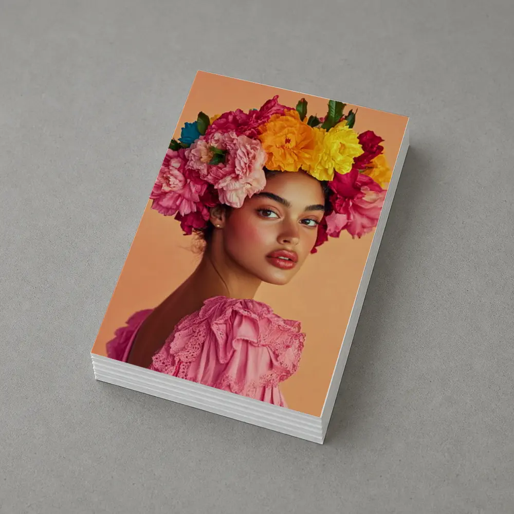 Woman Floral Crown Portrait Peach Background – Postcards