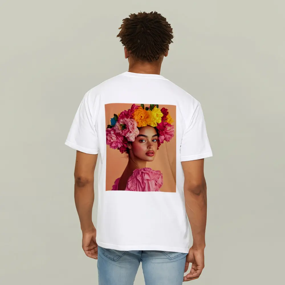 Woman Floral Crown Portrait Peach Background – T-Shirts