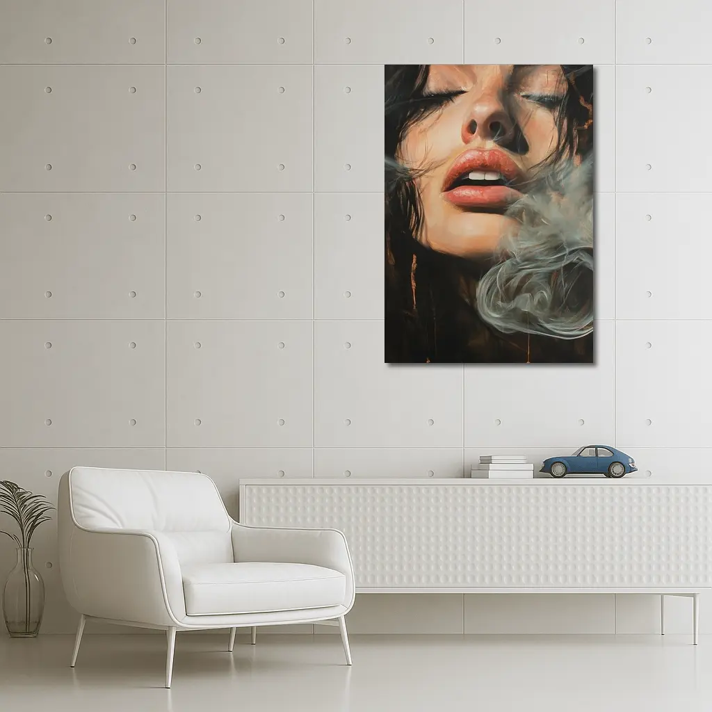 Woman Exhaling Smoke Dark Oil Painting – Wall Art