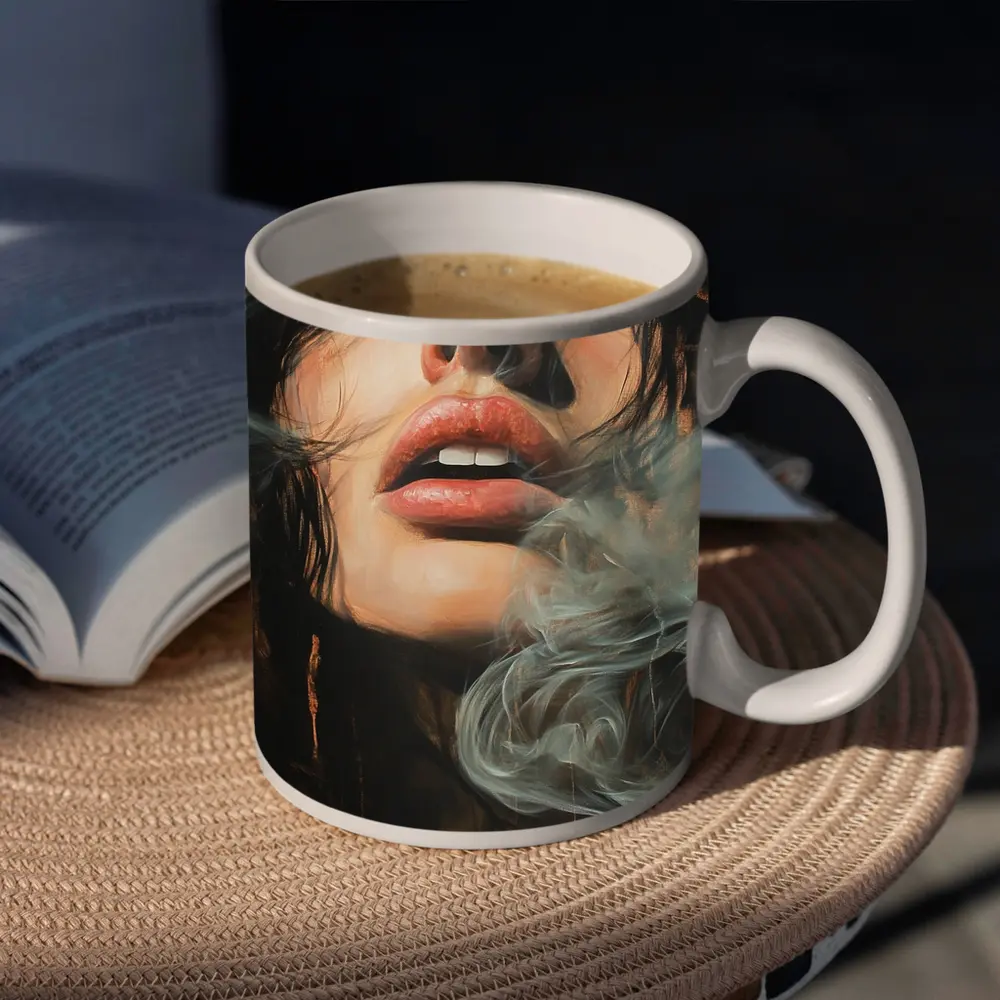 Woman Exhaling Smoke Dark Oil Painting – Mugs