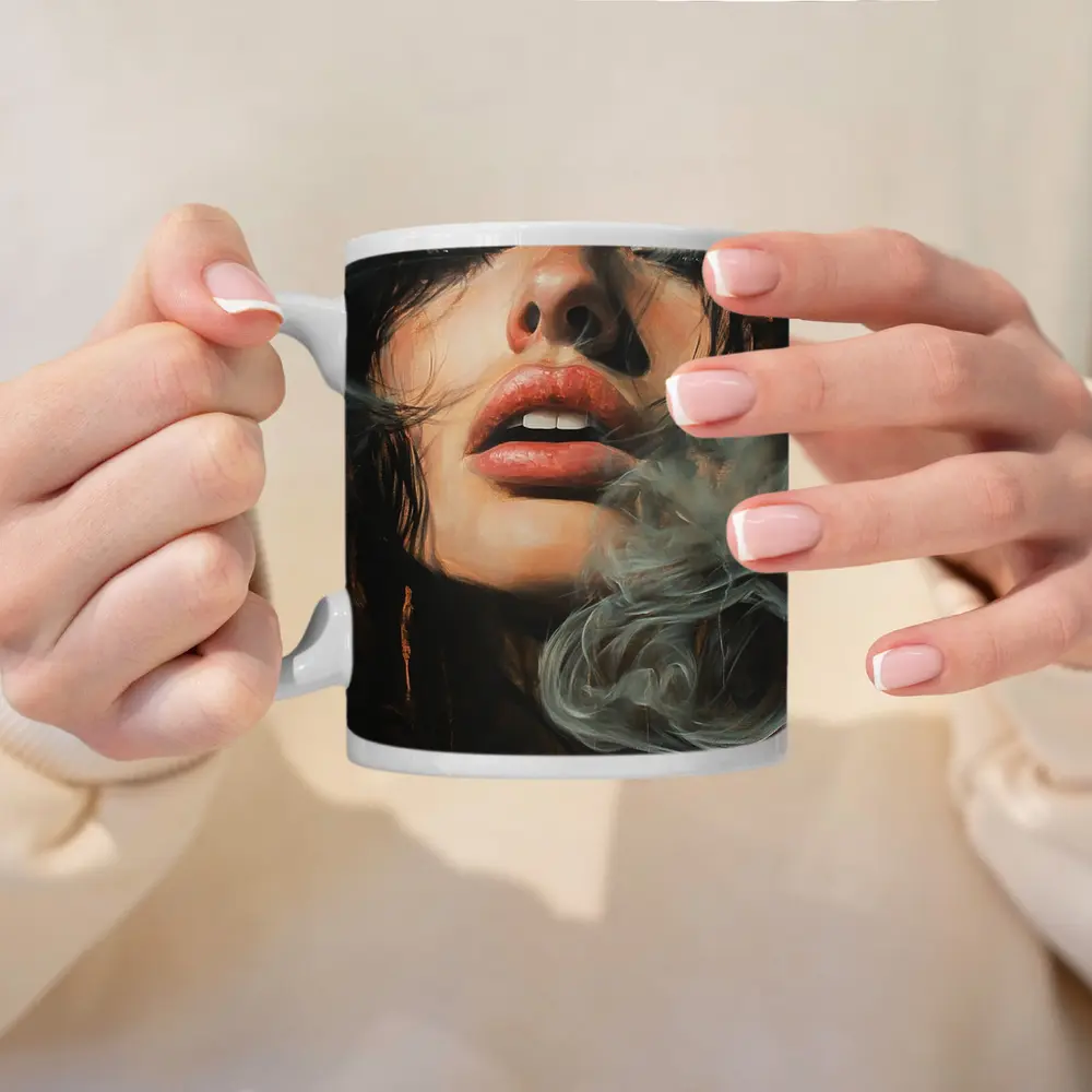 Woman Exhaling Smoke Dark Oil Painting – Mugs