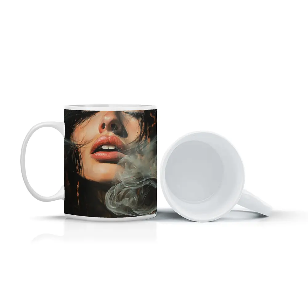 Woman Exhaling Smoke Dark Oil Painting – Mugs