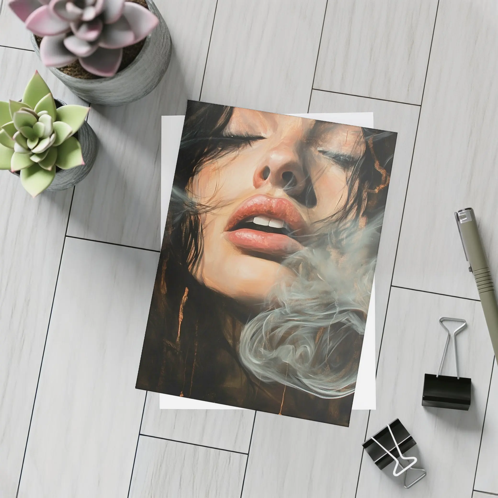 Woman Exhaling Smoke Dark Oil Painting – Postcards
