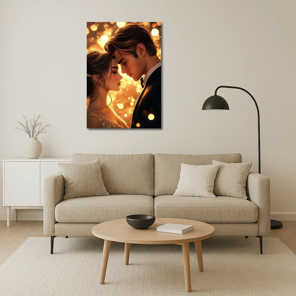 Romantic Couple Close Moment Golden Bokeh – Wall Art
