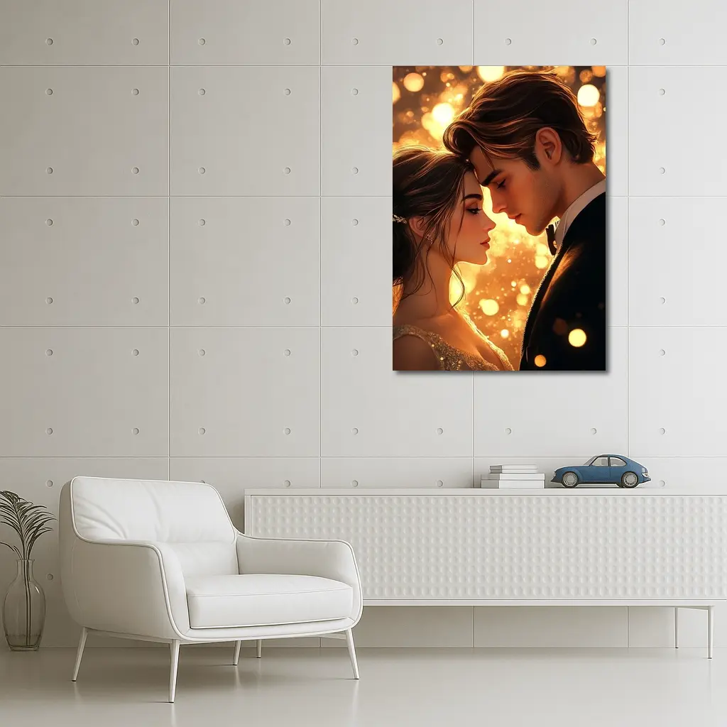 Romantic Couple Close Moment Golden Bokeh – Wall Art
