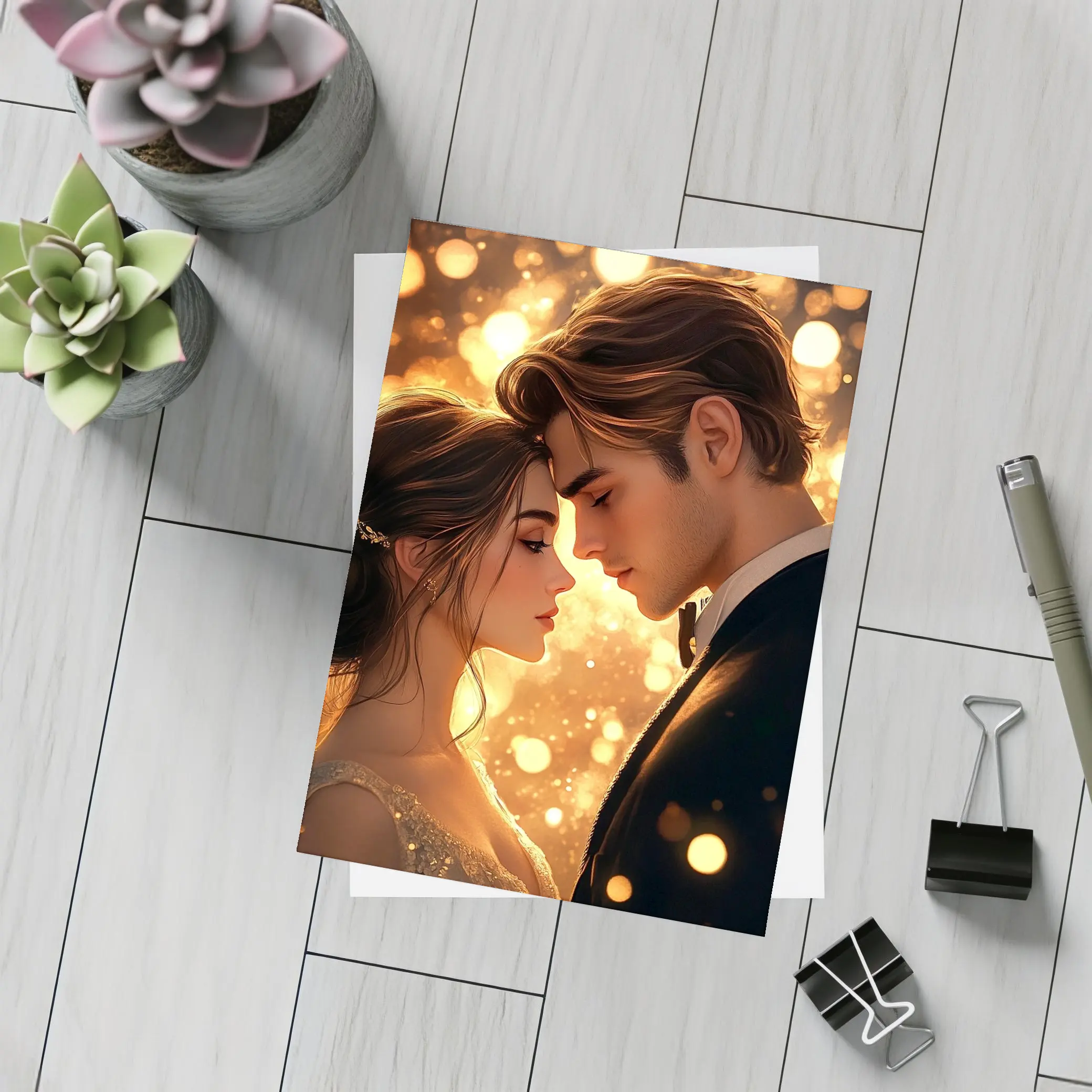 Romantic Couple Close Moment Golden Bokeh – Postcards