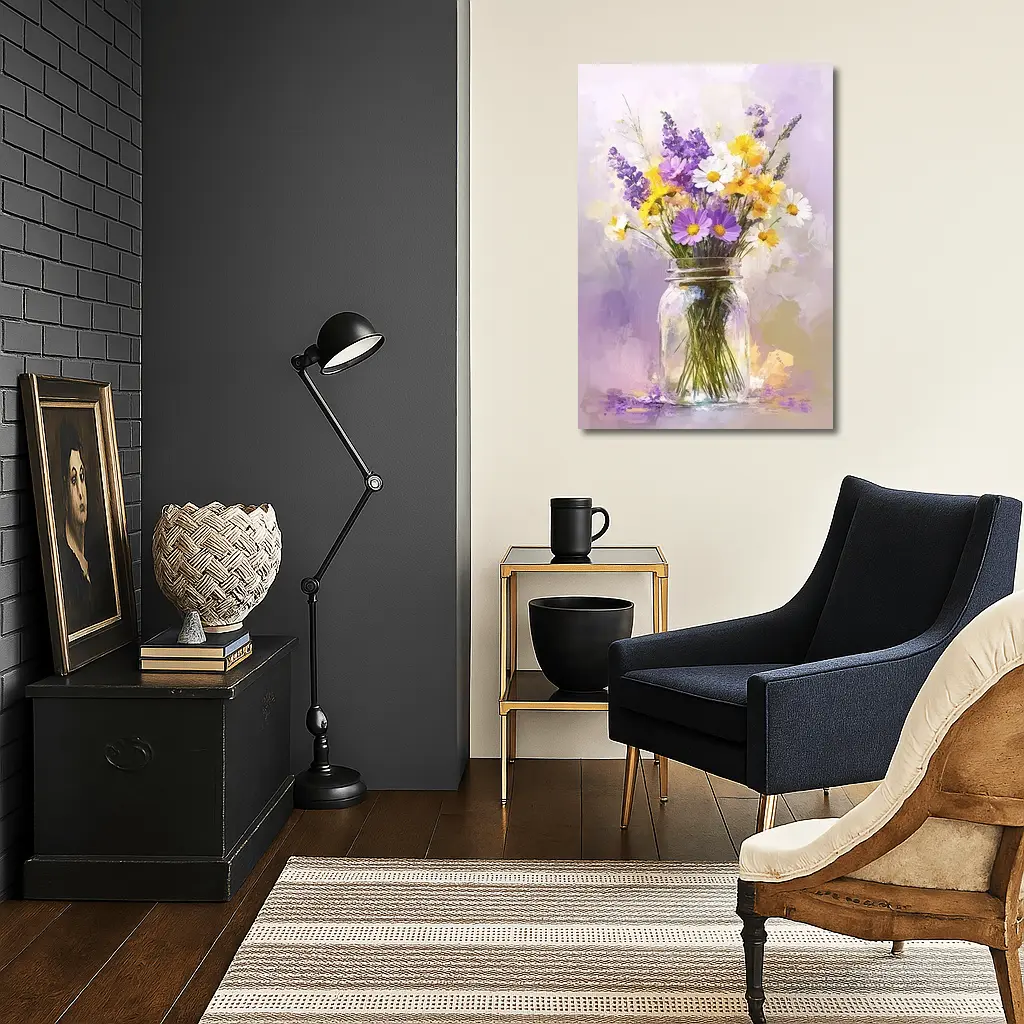 Wildflowers Daisies Lavender Mason Jar Oil Painting – Wall Art