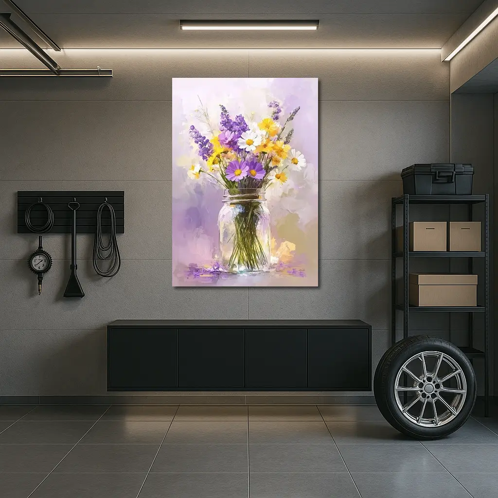 Wildflowers Daisies Lavender Mason Jar Oil Painting – Wall Art