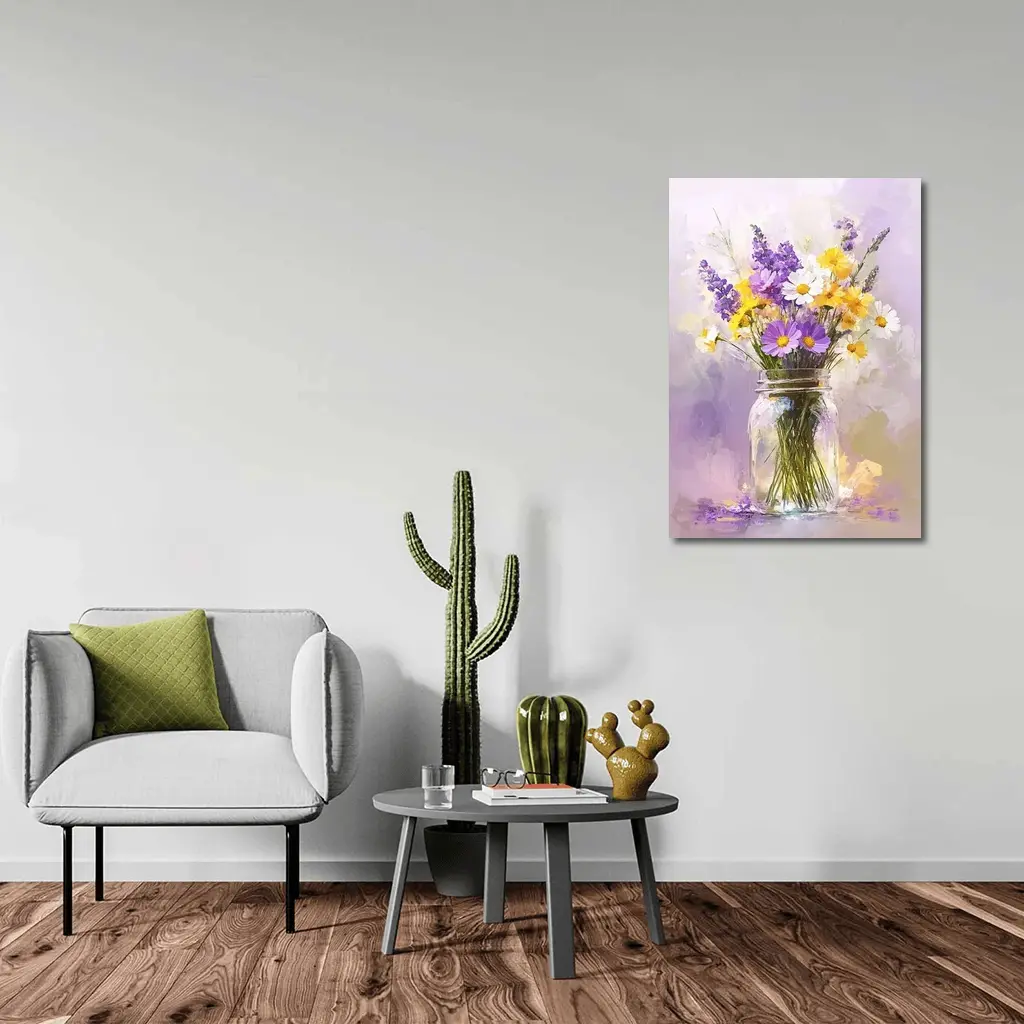Wildflowers Daisies Lavender Mason Jar Oil Painting – Wall Art