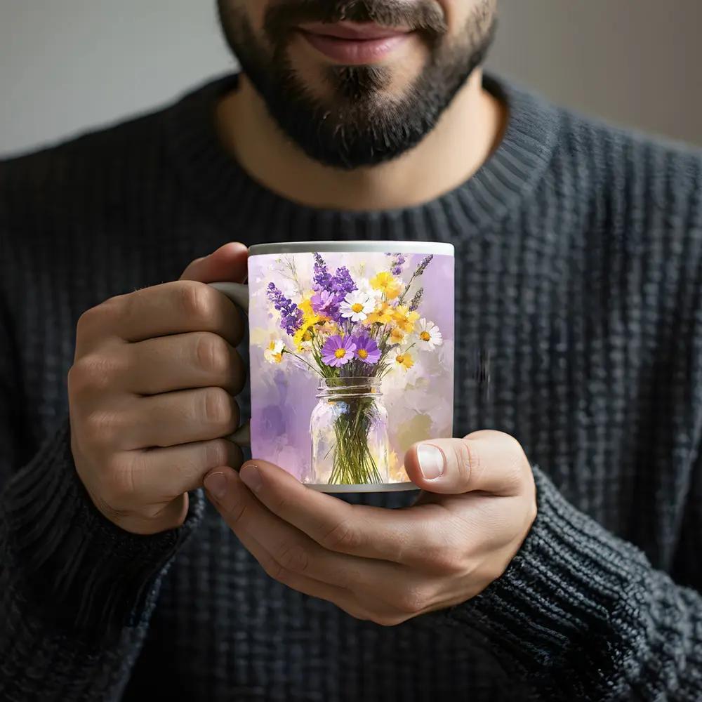 Wildflowers Daisies Lavender Mason Jar Oil Painting – Mugs