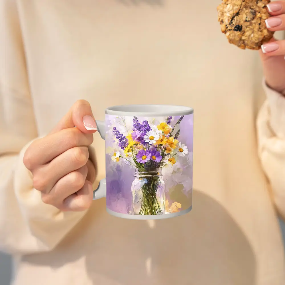 Wildflowers Daisies Lavender Mason Jar Oil Painting – Mugs
