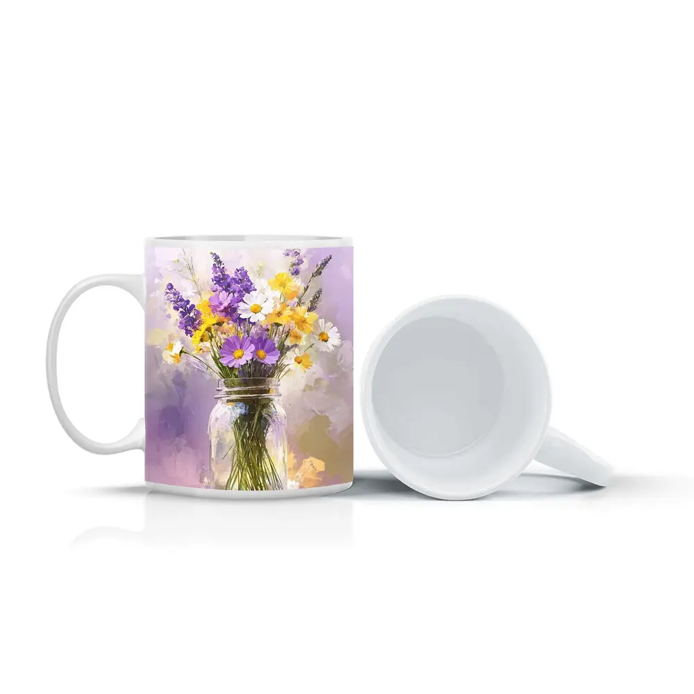 Wildflowers Daisies Lavender Mason Jar Oil Painting – Mugs