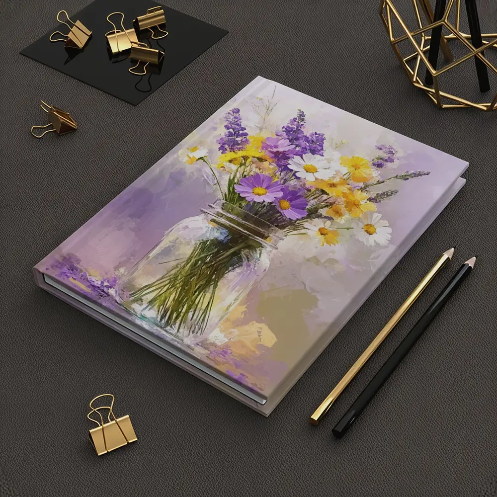 Wildflowers Daisies Lavender Mason Jar Oil Painting – Notebooks