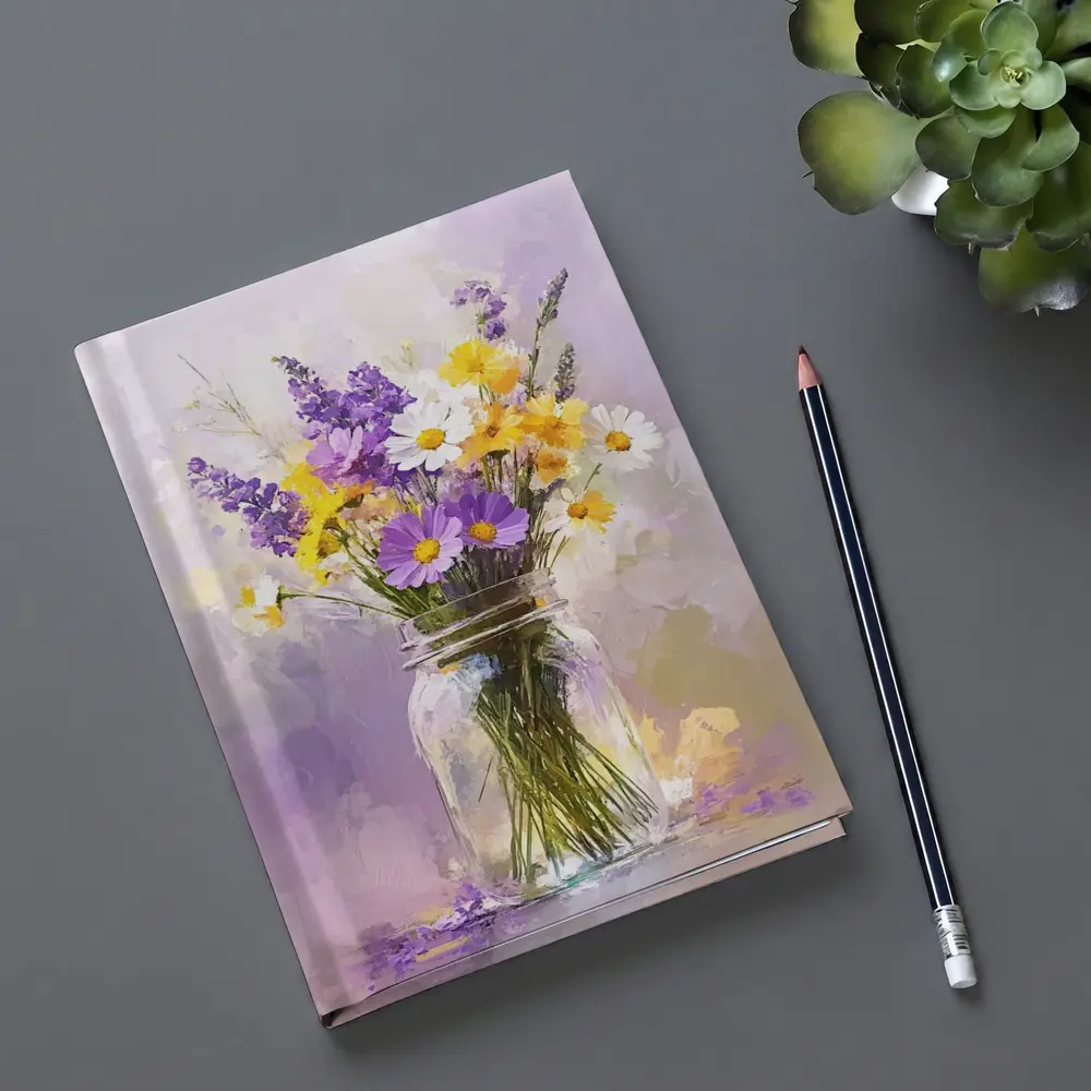 Wildflowers Daisies Lavender Mason Jar Oil Painting – Notebooks