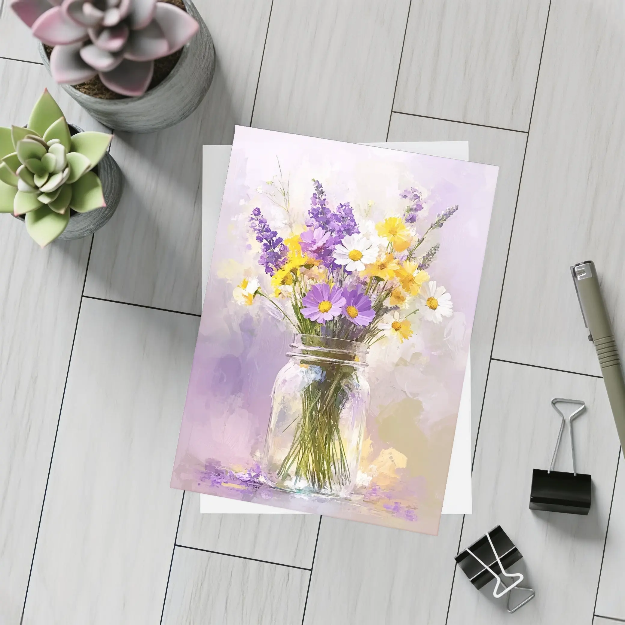 Wildflowers Daisies Lavender Mason Jar Oil Painting – Postcards