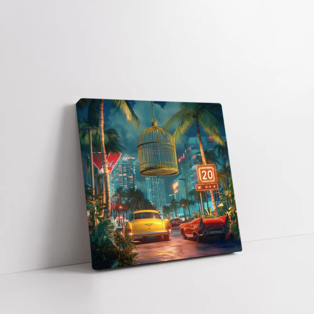 Retro Classic Cars Miami Neon Night Scene – Wall Art
