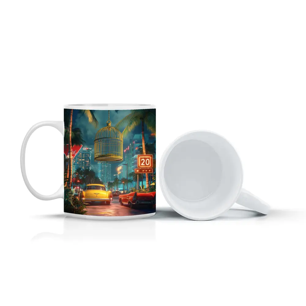 Retro Classic Cars Miami Neon Night Scene – Mugs