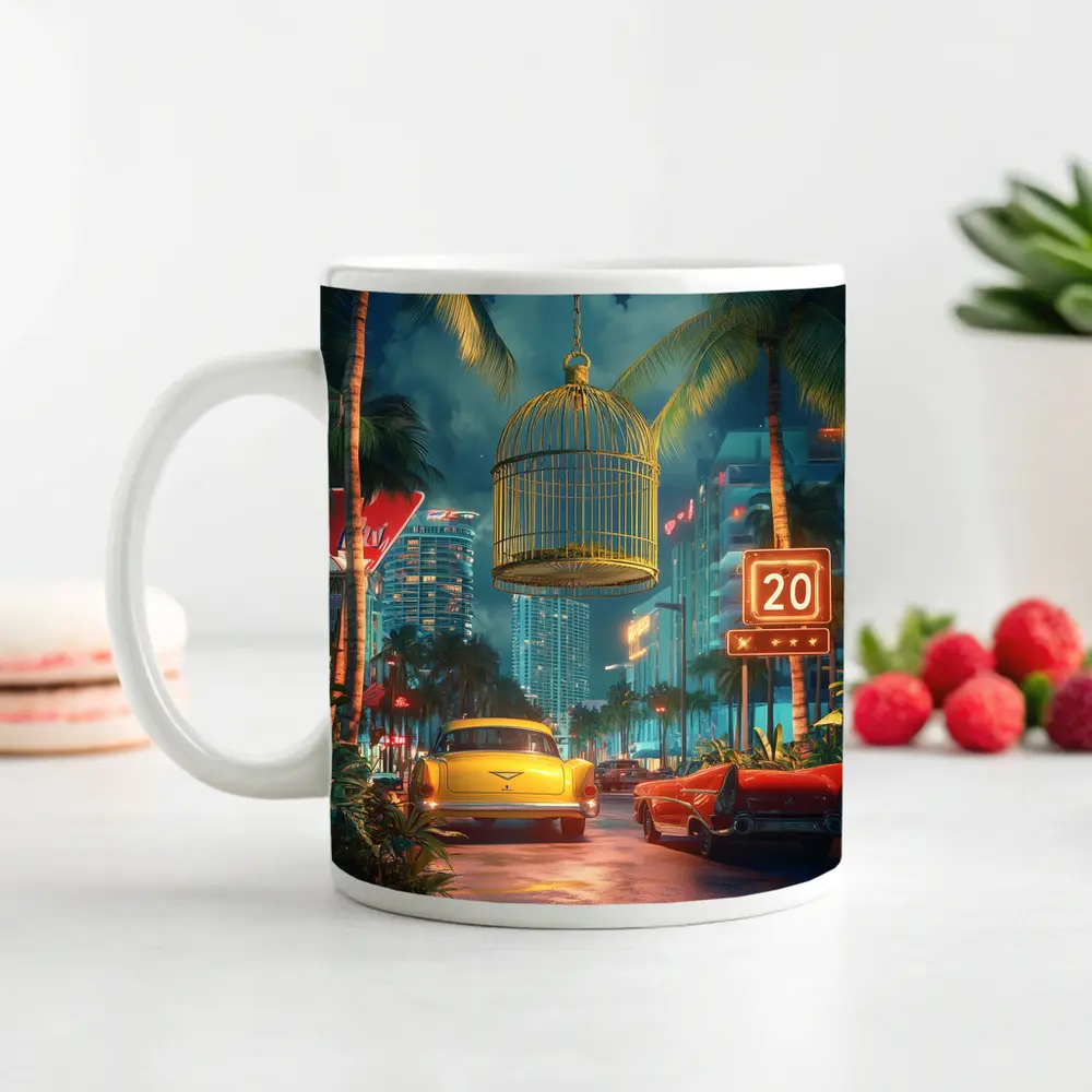 Retro Classic Cars Miami Neon Night Scene – Mugs