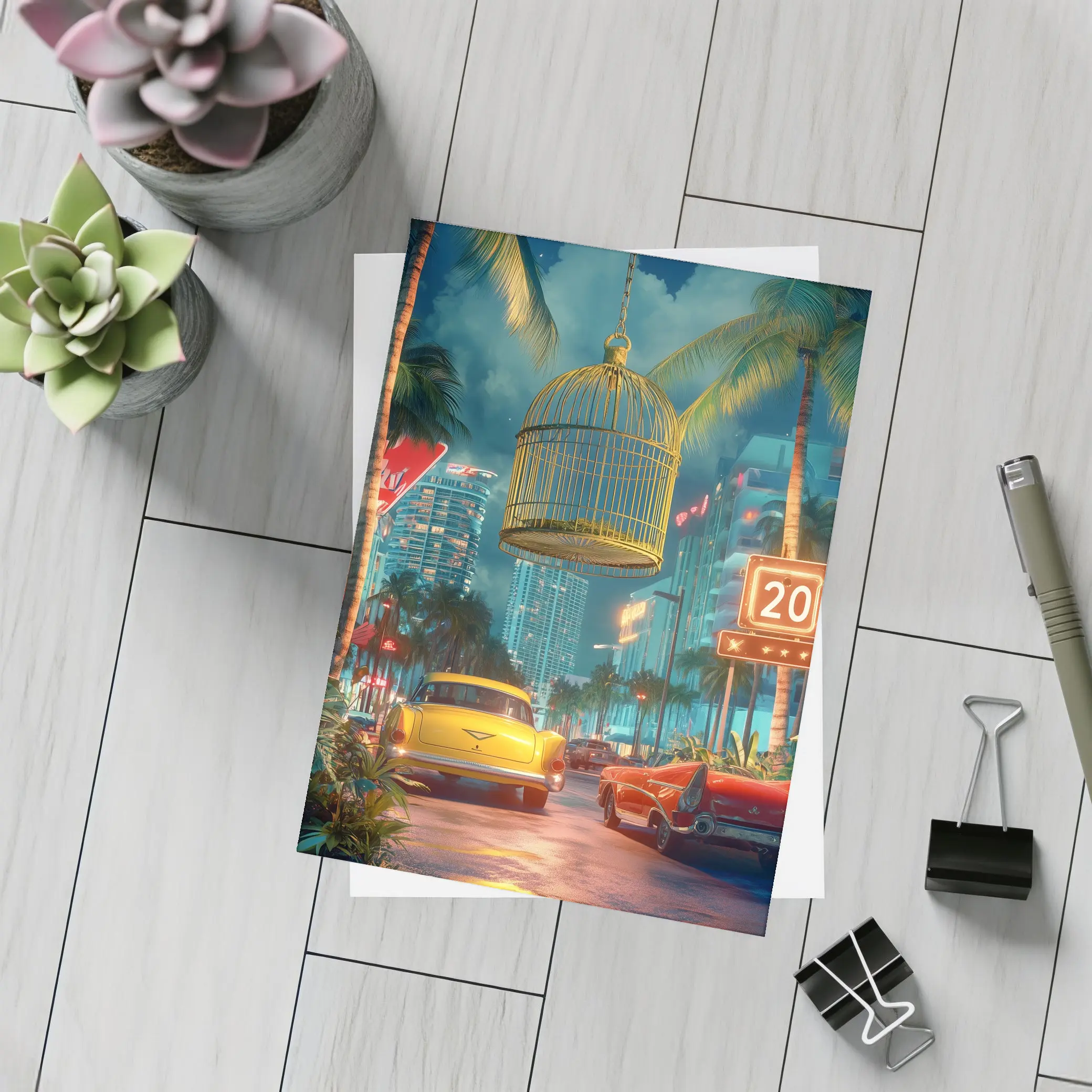 Retro Classic Cars Miami Neon Night Scene – Postcards