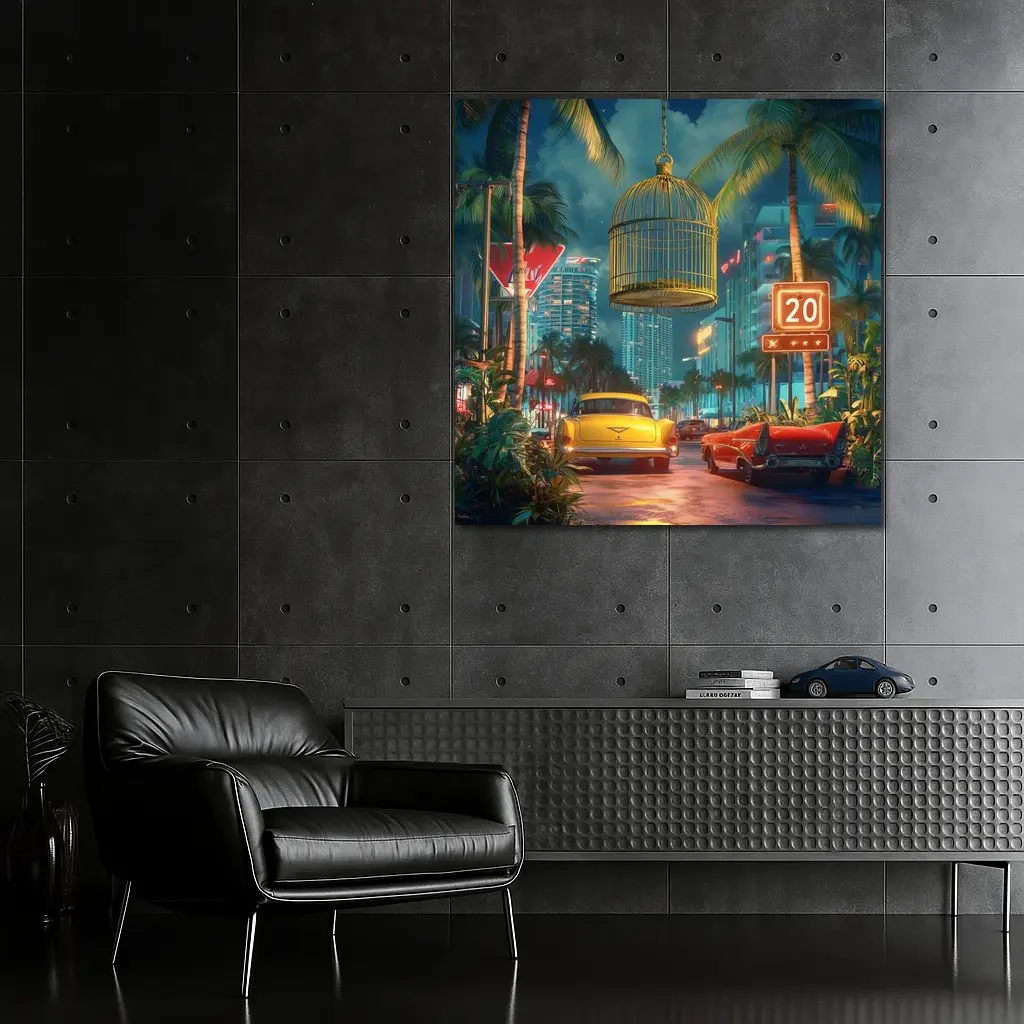 Retro Classic Cars Miami Neon Night Scene – Wall Art